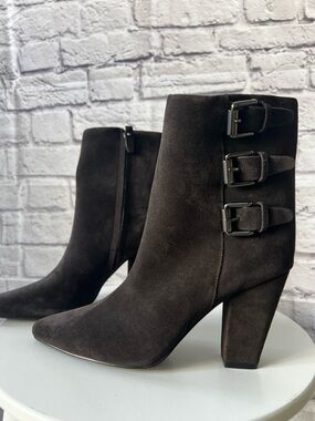 Rebecca Minkoff Brown Suede Leather Ankle Boots Size 10 Buckle Heeled Booties